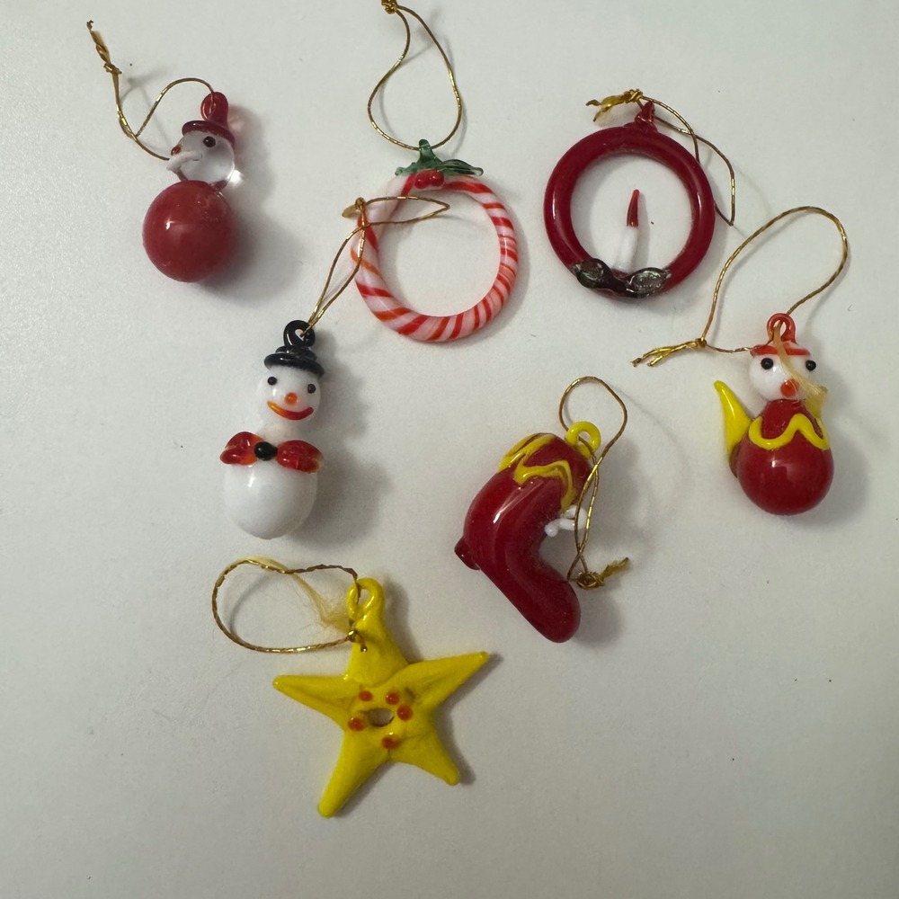 Vintage Miniature Blown Glass Christmas Ornaments Set Snowman Wreath Star 7pc